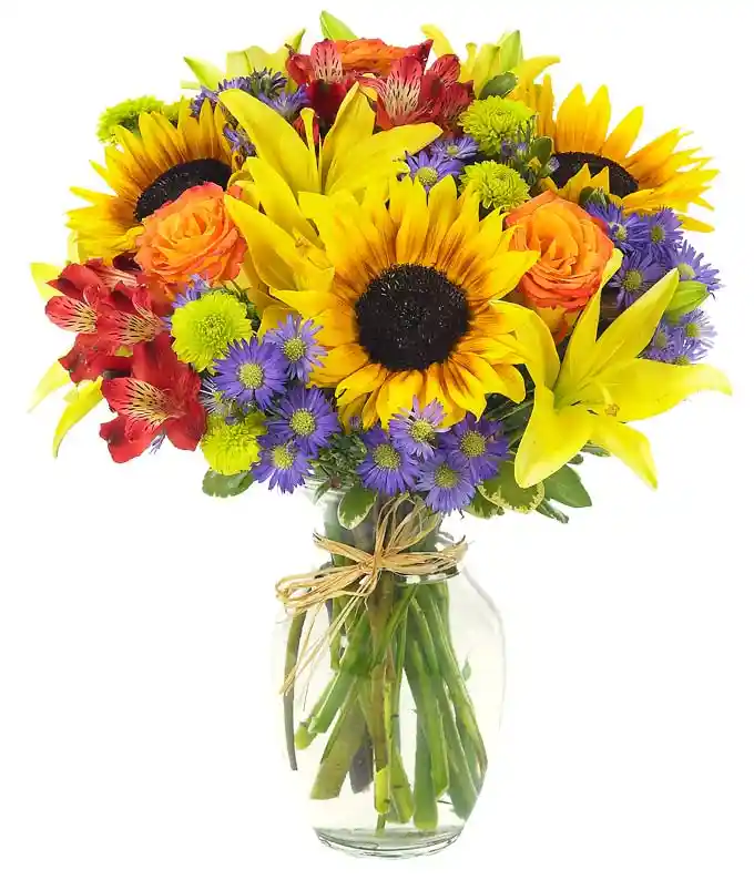 Sunflowers, yellow lilies and red alstroemeria